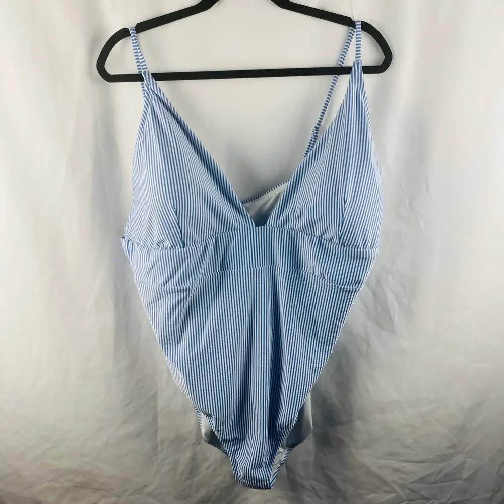J. Crew Seersucker White Blue Striped Plunge‎ One-Piece Swimsuit Size 24 NWT
